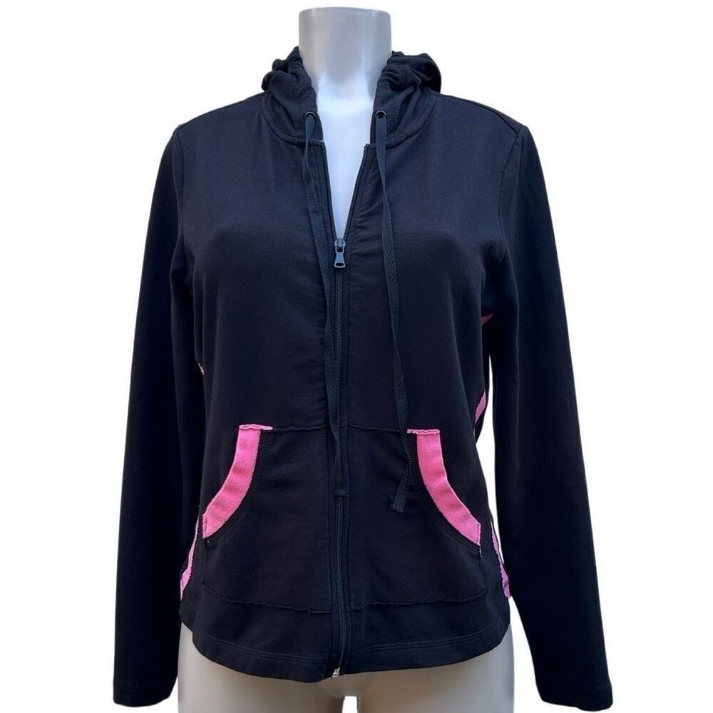 TEK GEAR Athletic Hoodie Sweatshirt Women's Large Black Pink Trim Full Zip